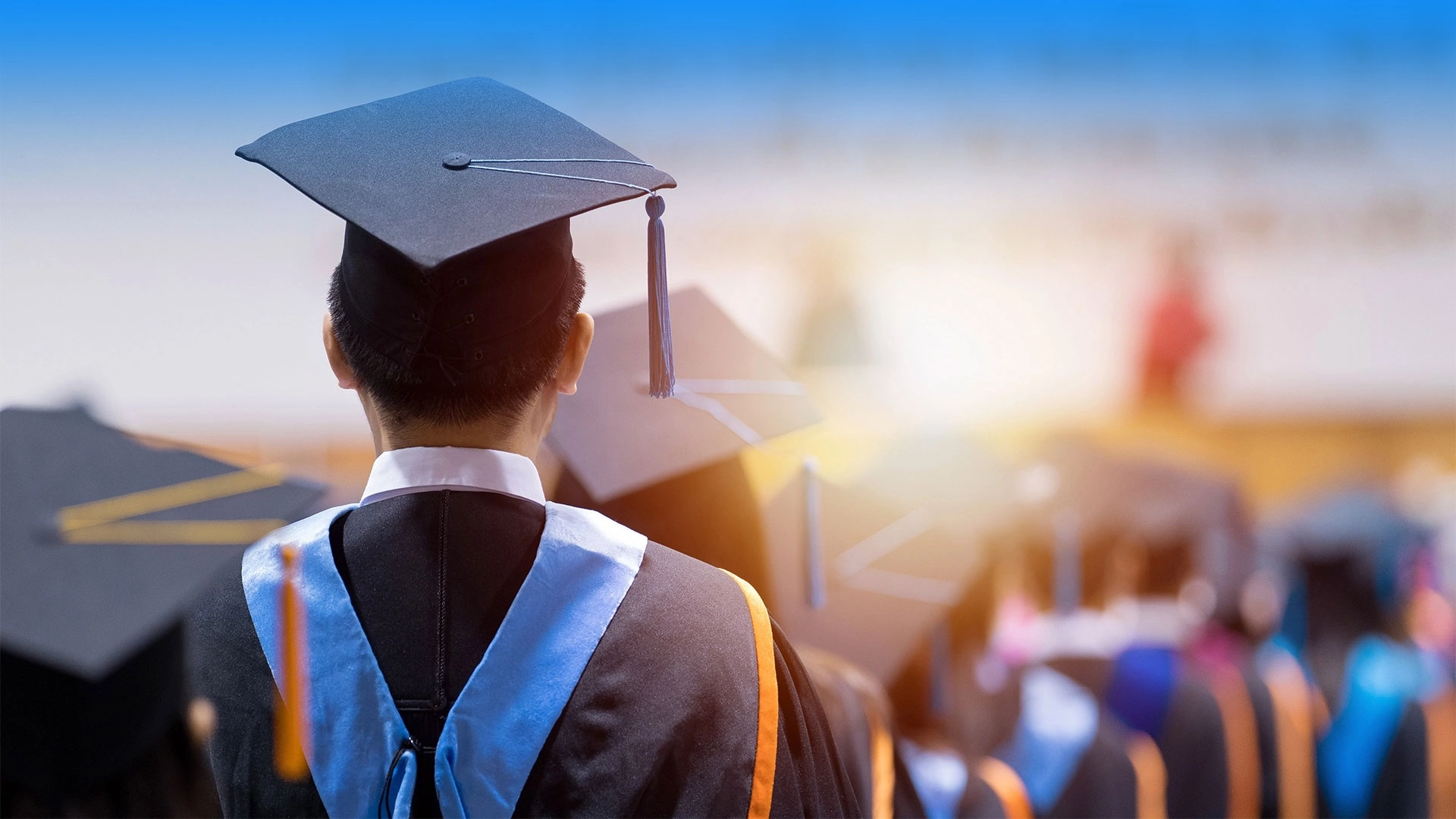 Des personnes sont de dos avec des tenues de diplomés