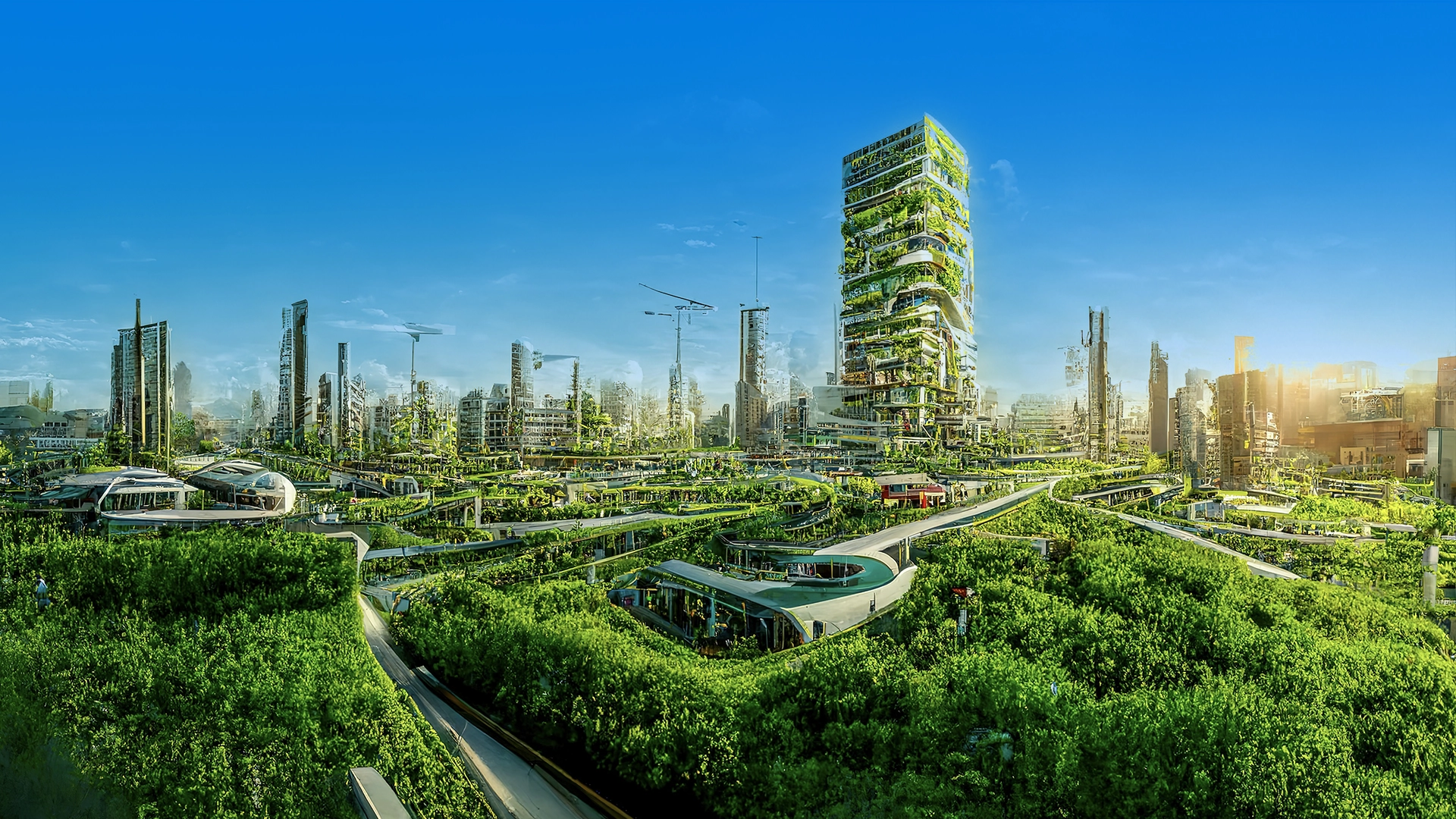 paysage futuriste avec de la verdure sur toutes les constructions